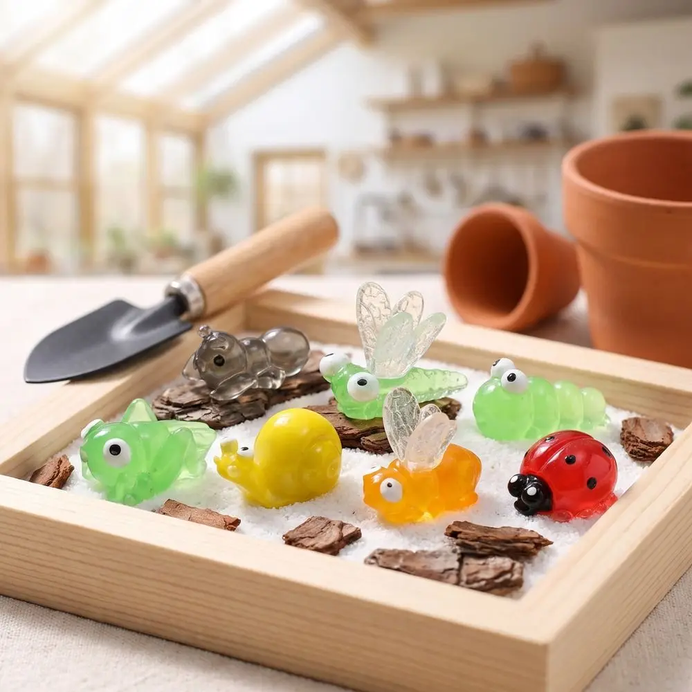 7PCS Cartoon Luminous Insect Ornament Dragonfly Snail Mini Animals Figurines Resin Insect Landscape Ornament Aquarium Decor