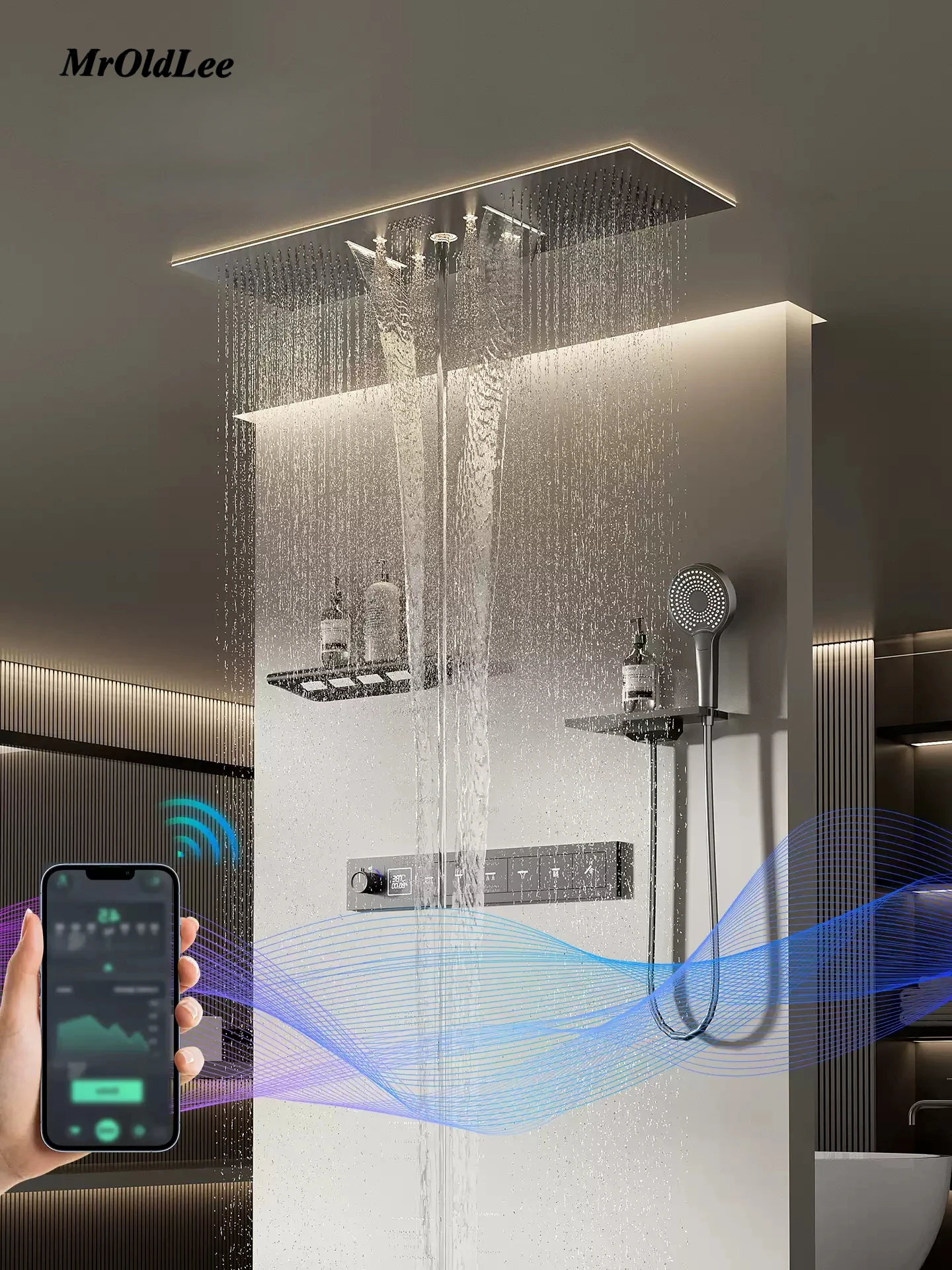 Bathroom Shower System Set Concealed Thermostatic Brass LED Digital Display Gold Embeded Gaint Ceiling Shower Rainfall For Bath