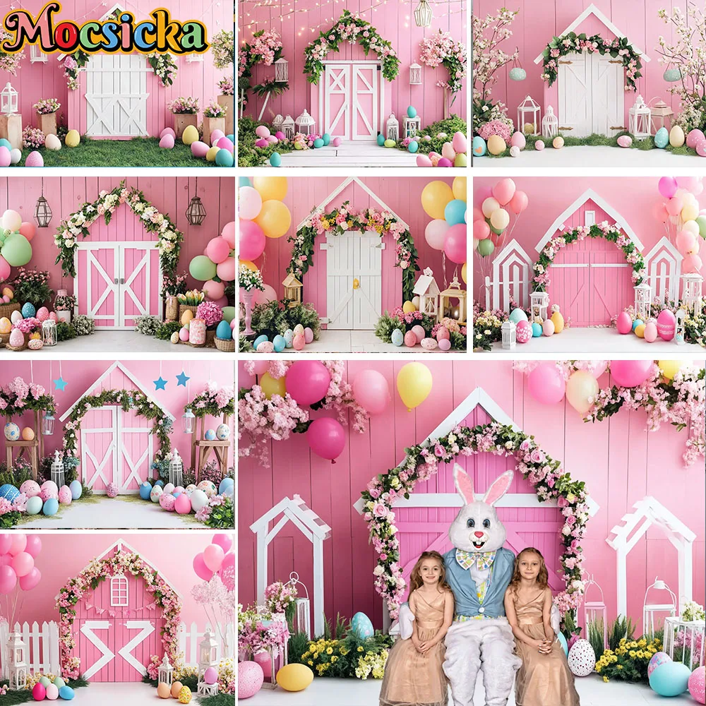 Mocsicka różowa farma drewniane drzwi tło dla dziewczynek urodziny fotografia balon kwiat jajko tło wiosna dzieci Photo Studio