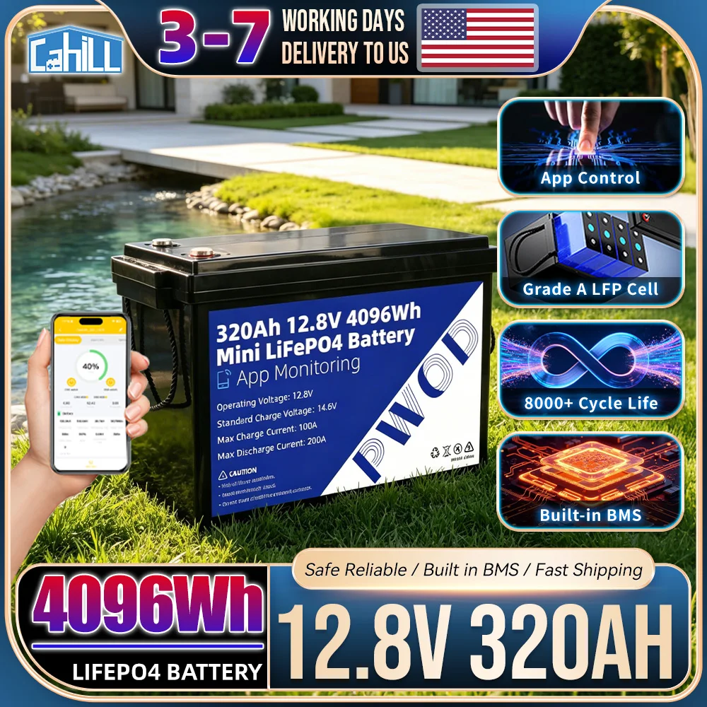 US Stock 12V 320Ah Grade A LiFePO4 Battery Pack APP Control 8000+ Deep Cycles Built-in 4S 200A Smart BMS 12.8V Rechargeable Lithium Iron Phosphate Battery for RV Solar Home Energy Storage Golf Cart Battery