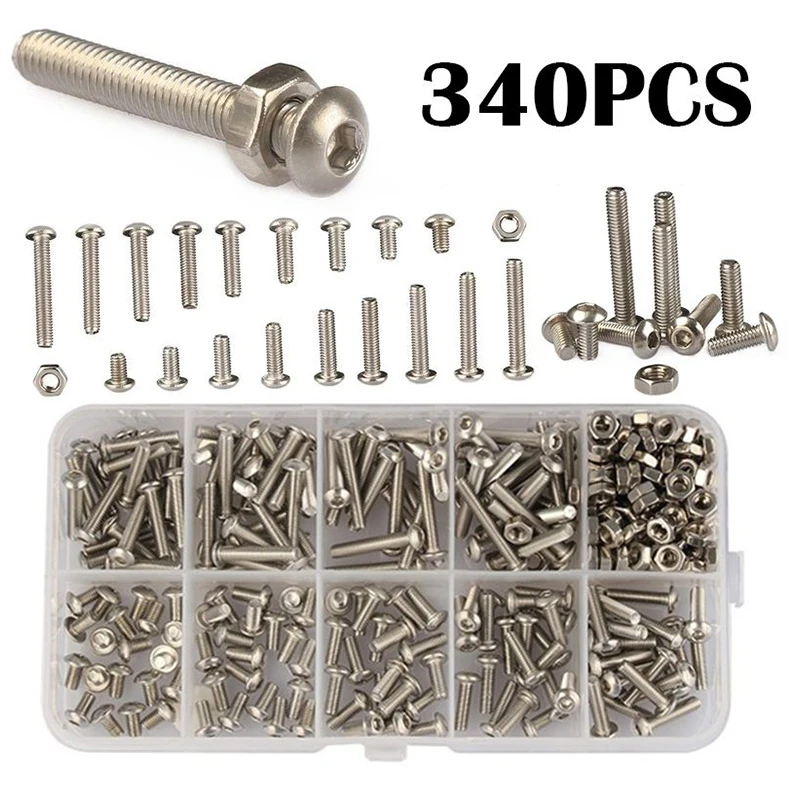 340PCS/SET M3 Stainless Steel Hex Socket Screws Nut Set With Box