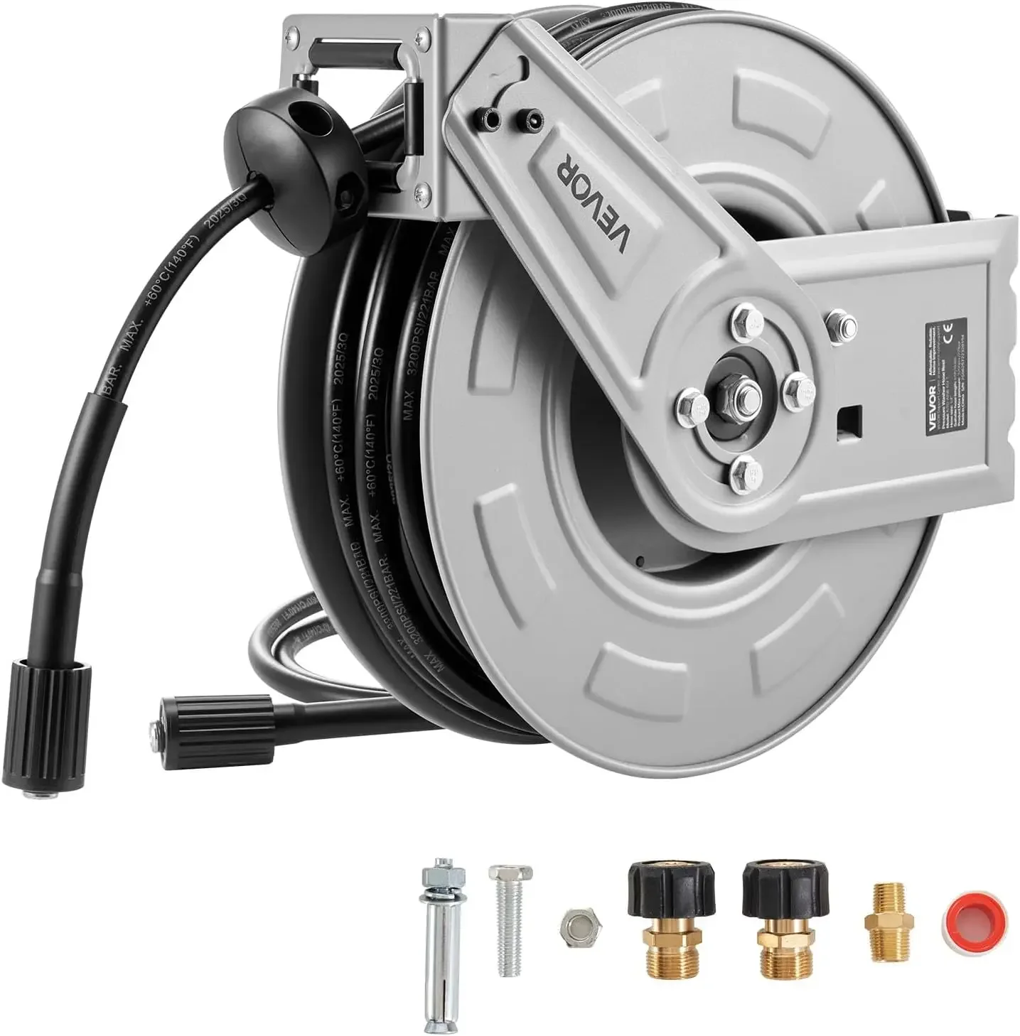 Pressure Washer Hose Reel, 65 ft x 1/4 inch Retractable Power Heavy-Duty Steel Washer Hose Reel, 3200PSI Max, Auto-Rewinding