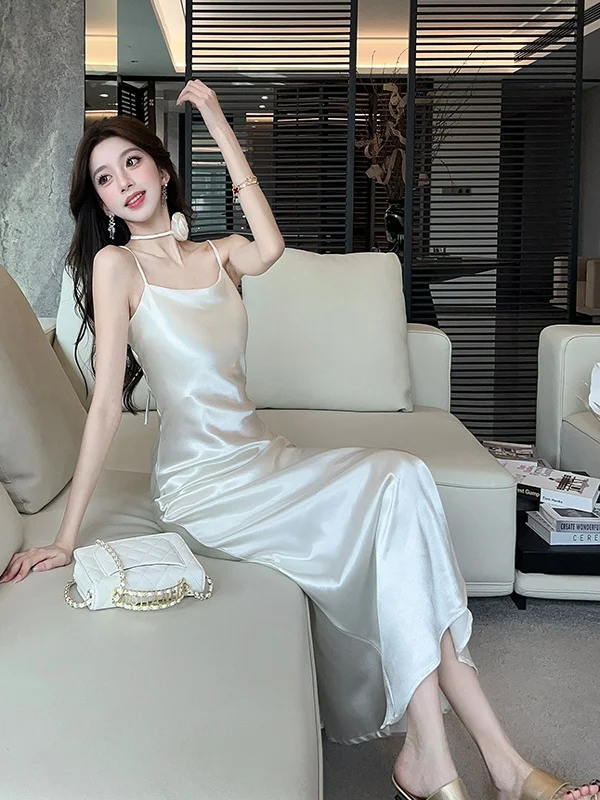 Ele Summer New Silk Satin Strap Dr Women's High Waist Fairy Skirt Sle No Sve mid Length Pure Color Evening Gown