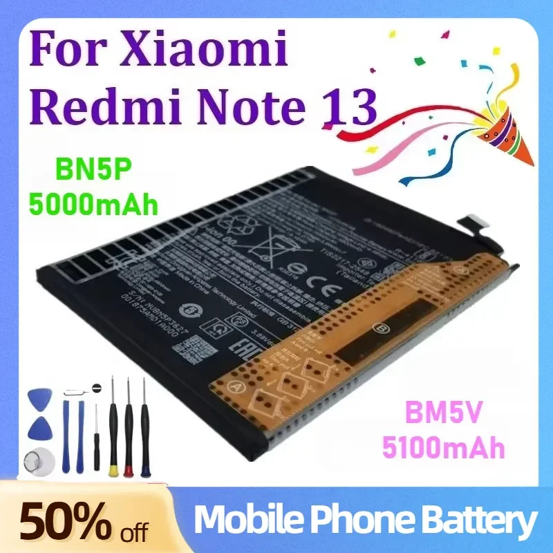 

5000mAh BN5P 5100mAh BM5V Mobile Phone Battery For Xiaomi Redmi Note 13/13 Pro Plus Phone Replacement Battery With Tools