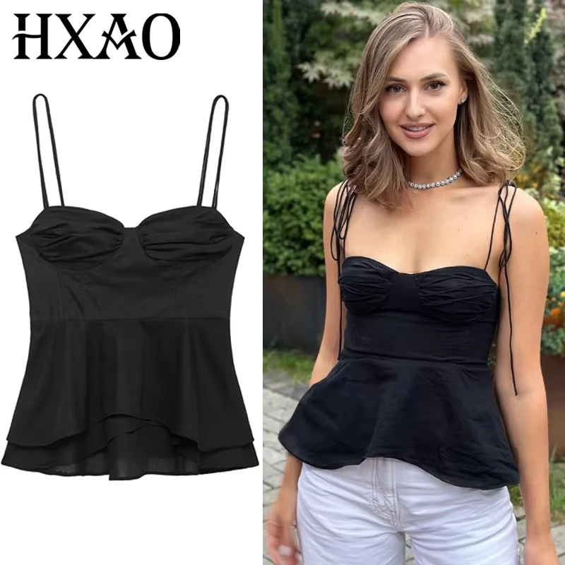 HXAO Black Slip Top Women Summer Corset Tanks & Camis Layered Crop Top With Straps Ruffled Lace-Up Sleeveless Bustier Vests 066