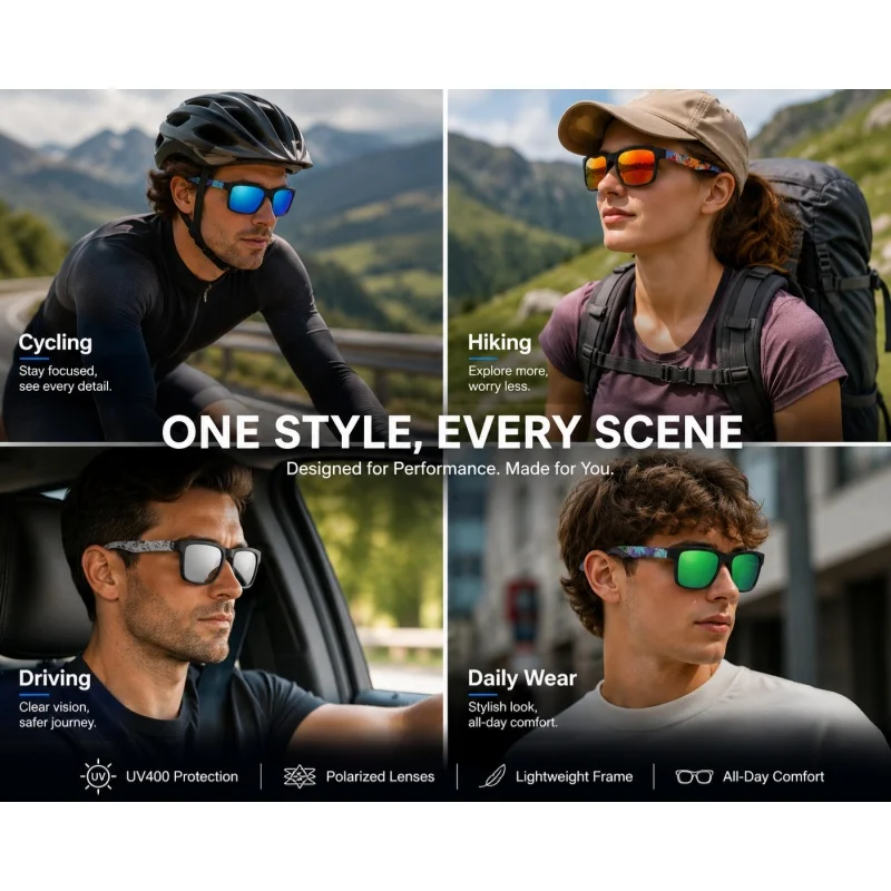 Polarized UV400 Square Sports Sunglasses for Men and Women, Fashion Designer Brand UV Protection