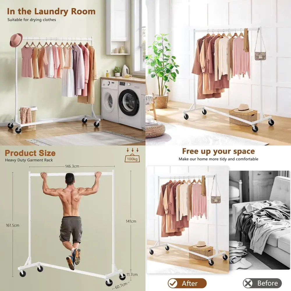 

Sturdy White Metal Rolling Clothes Rack with Z-Base, Heavy-Duty Garment Hanging Organizer