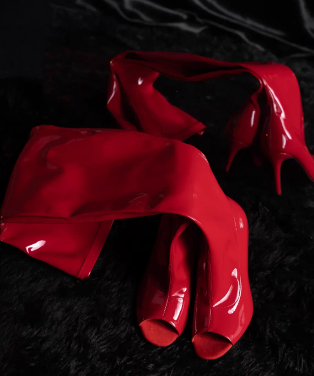 

Red Patent Leather Over-the-Knee Boots Peep-Toe Design Stiletto Heel Side Zipper Design Fashion Sexy Style Women's Dance Boots