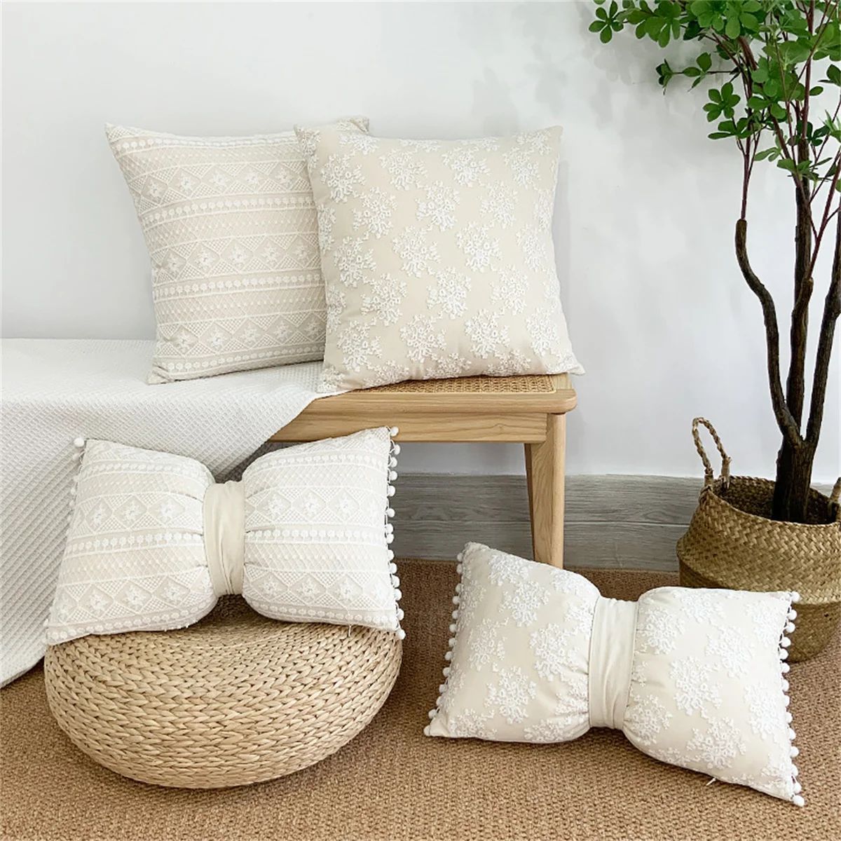 30X50CM French Style Light Luxury Lace Pillow Ins Cotton Linen Floral Sofa Pillow Cushion Cover Butterfly Knot Waist Pillowcase