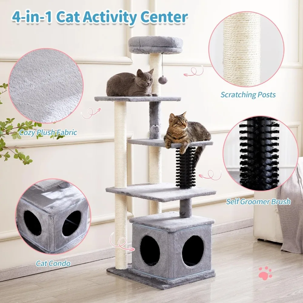 

Cat Tree, 52.4" Tall Cat Tower for Indoor Cats, Multi-Level Large Cat Condo with Scratching Posts and Pompoms, Plush Kitten Grey