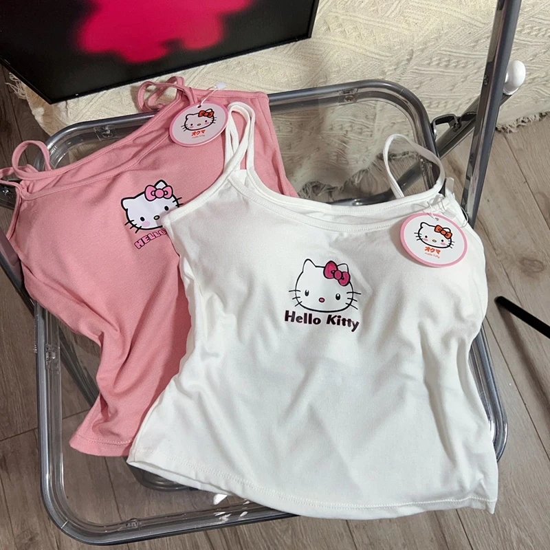 Sanrio Hello Kitty Kawaii Original Double Strap Vest Women Removable Bra Pads Sexy Spice Girls Hundred Sling Fake Two Piece Tops