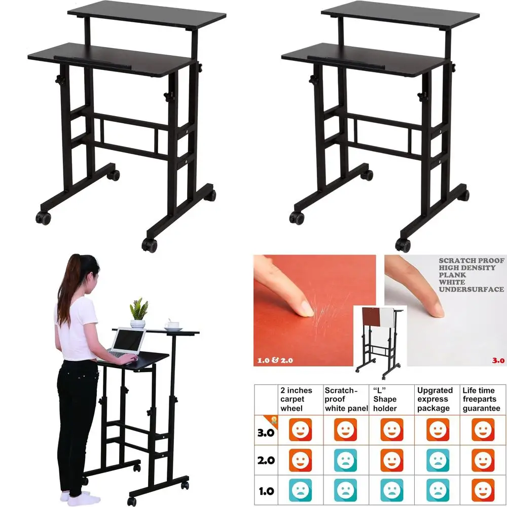 

2-Inch Wheels Adjustable Height Desk Stand for Home Office, Black