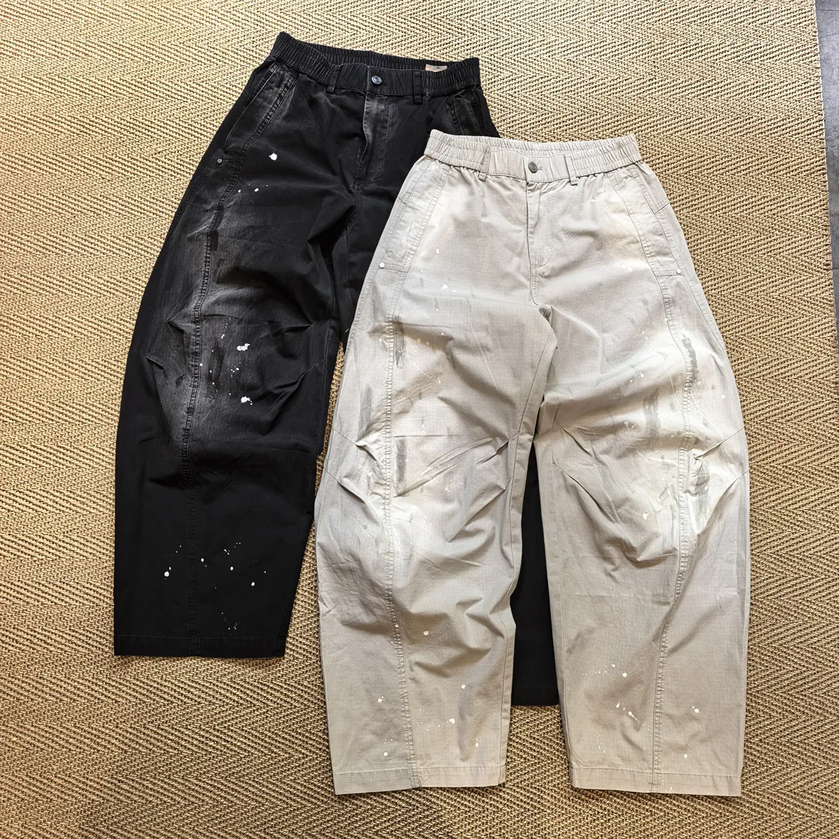 Amekaji Wear Splash-Ink Distressed Dirty Pants Wide-Leg Summer Baggy Overalls Men