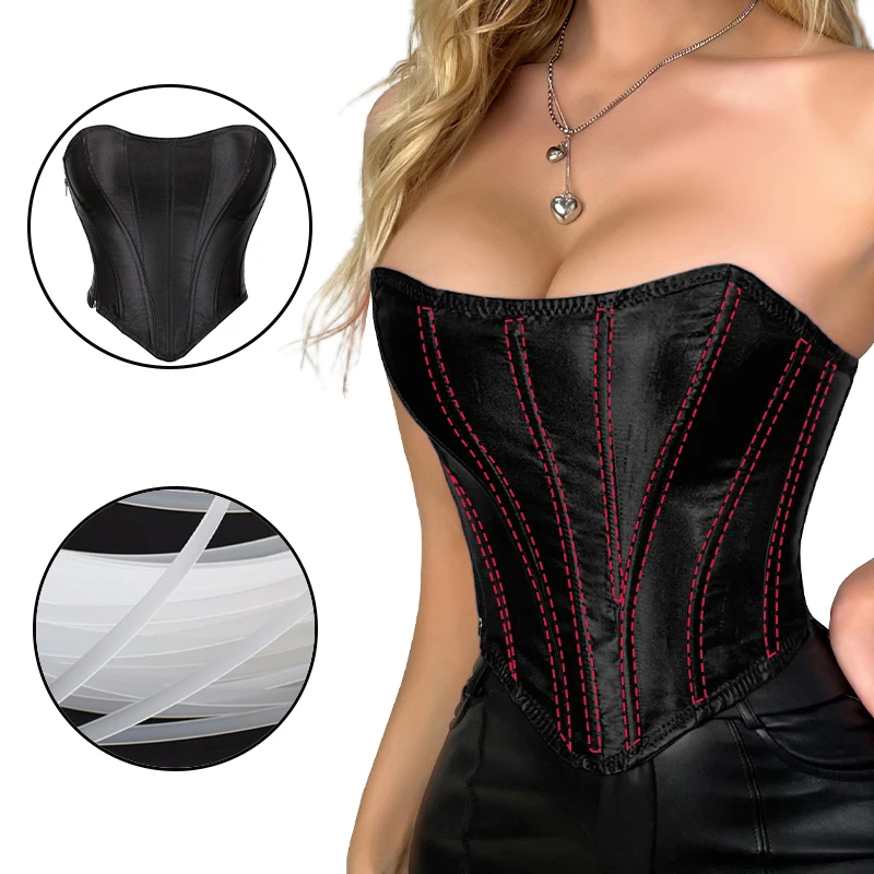 

Goth Sexy Body Shaping Structure Bodice Satin Corset Top With 16 Plastic Bones Zipper Retro Sleeveless Bustier