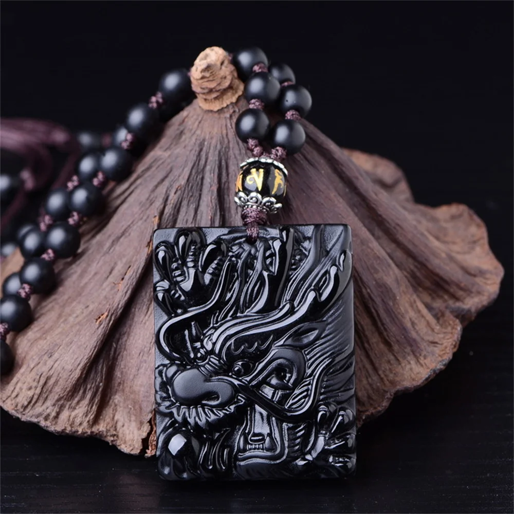 Natural Black Obsidian Carved Chinese Dragon Head Square Lucky Pendant Amulet Beads Necklace Trendy Vintage Gift Jewelry