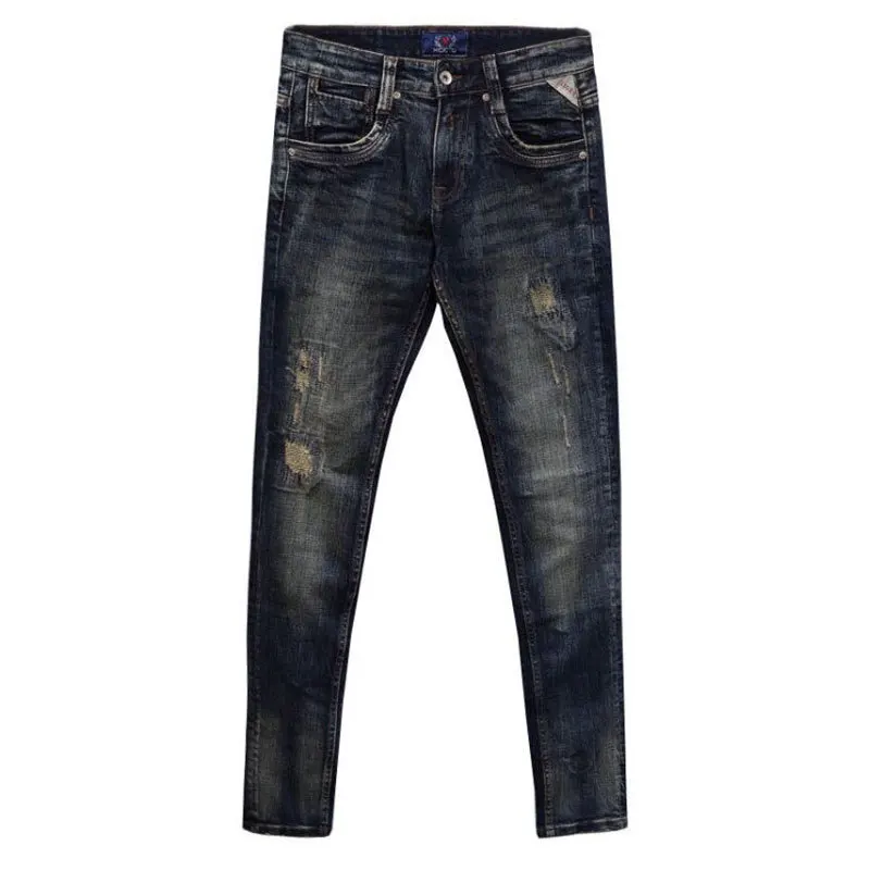 Fashion Designer Men Jeans Retro Black Blue Elastic Stretch Slim Ripped Jeans Men Embroidery Patched Vintage Denim Pants Hombre