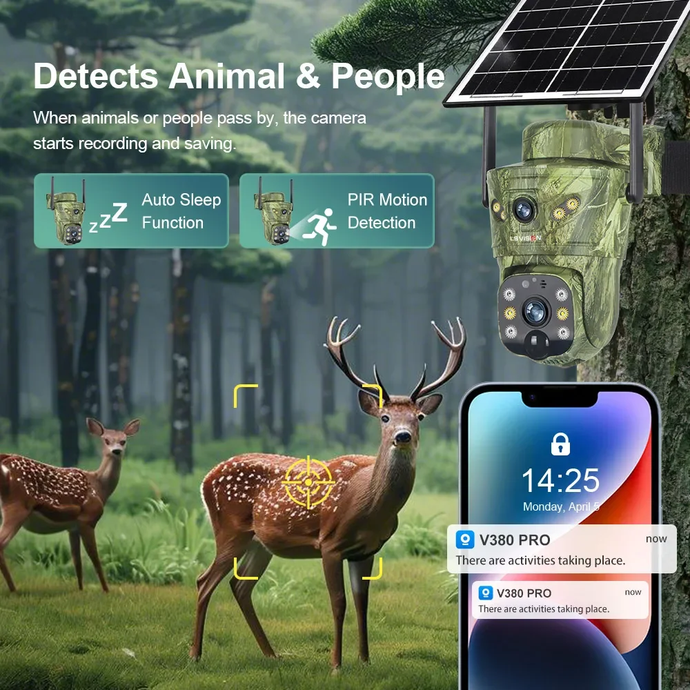 LS VISION Doppio Schermo 8MP 4G Telecamera Solare Wifi Telecamera di Sicurezza Esterna PIR Rileva Auto Tracciamento CCTV Caccia Trail Telecamere V380 Pro