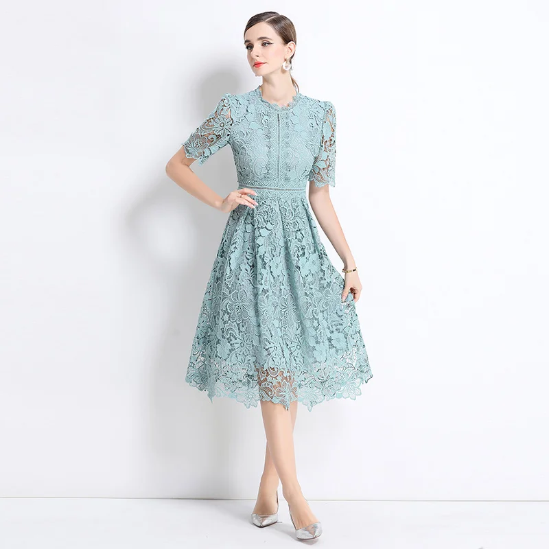 Quality Hollow Out Lace Embroidery Prom Dress Women Short Sleeve Slim High Waist French Vintage Floral Midi Party Vestidos