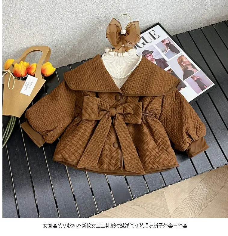 Girls Winter Cotton Coat 2024 New Girl Baby Fashionable Children Fashion Clip Cotton Thickened Coat One Piece Plush Pants