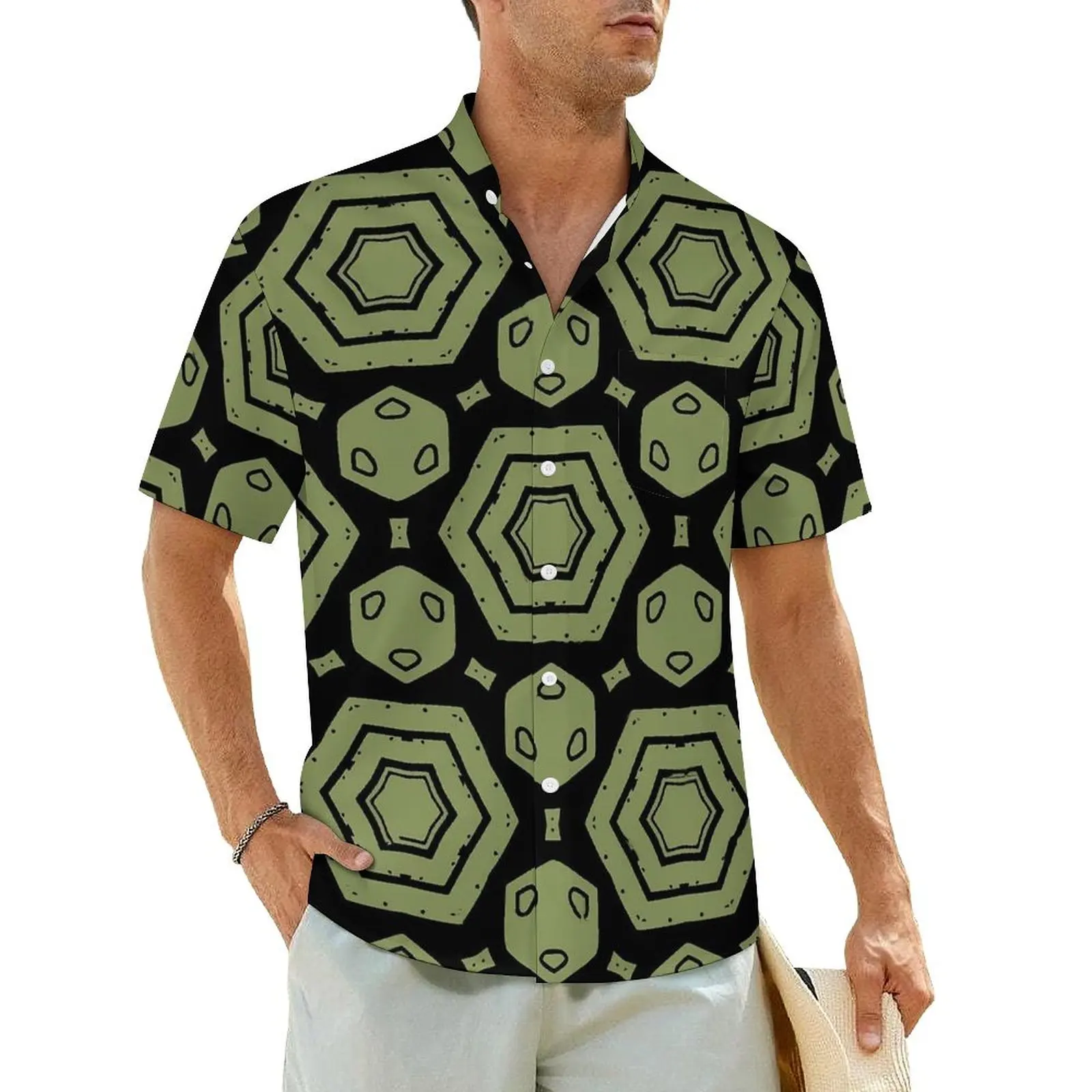 Hawaii Shirt Vacation Moss Green Print Blouses Hexagon Shape Retro Casual Shirts Mens Short Sleeves Y2K Funny Oversized Clothing