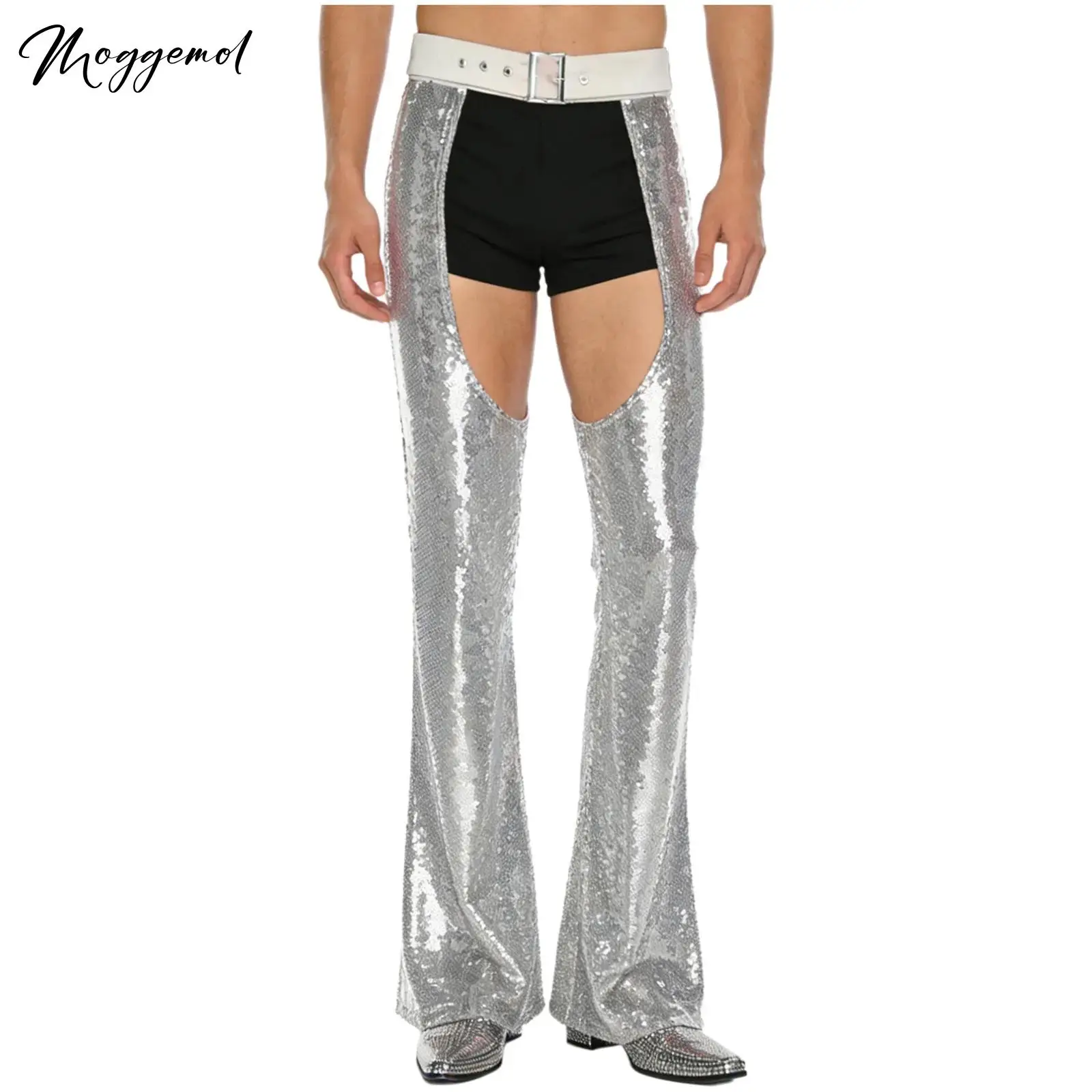 

Мужские блестящие ковбойские шпильки с блестками, диско-брюки с регулируемой талией и промежностью, расклешенные брюки на полной подкладке для клубной вечеринки на Хэллоуин