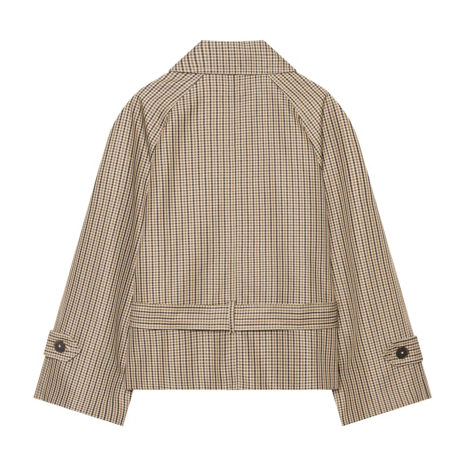 Schicker, lockerer Damen-Trenchcoat im Karomuster, Vintage-Stil mit Umlegekragen, doppelreihig, mit Schnürung, Damenjacke, Herbst 2026, neue Damenoberbekleidung – Detail 3