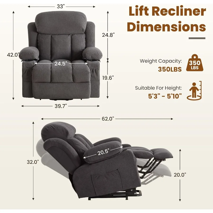 Electric Power Lift Recliner Chair Sofa with Massage and Heat for Elderly, Lift Chair with Cup Holder and Side Pockets for Livi