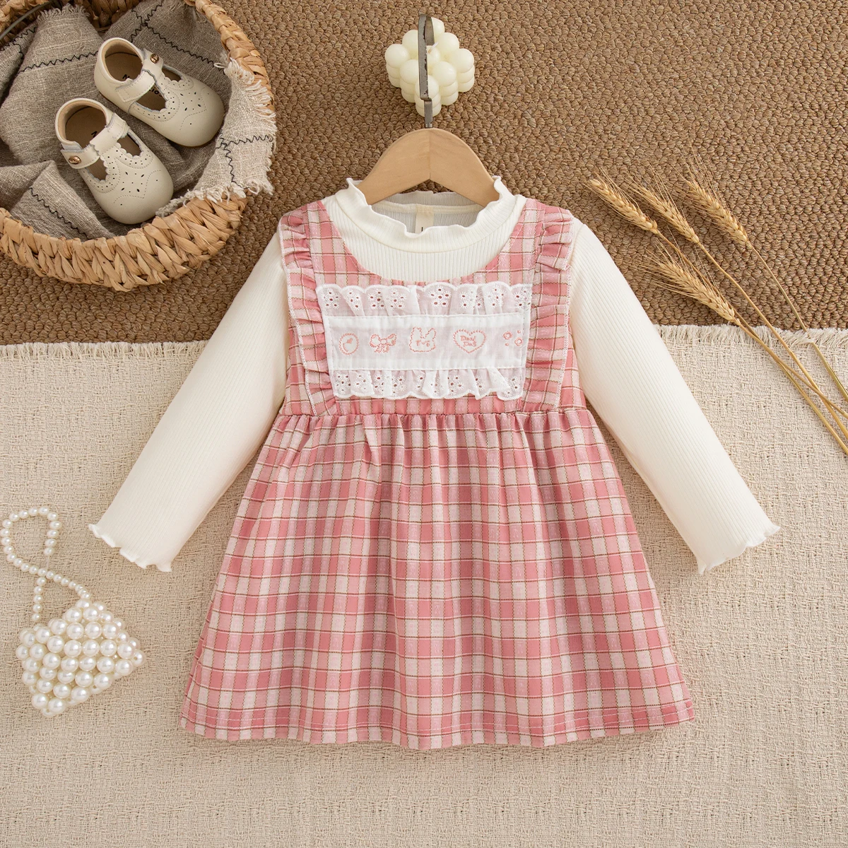 Baby Girl Spring Autumn Dress Sweet Princess Style Bunny Embroidery Long Sleeve Pink Plaid Dress Birthday Outfit