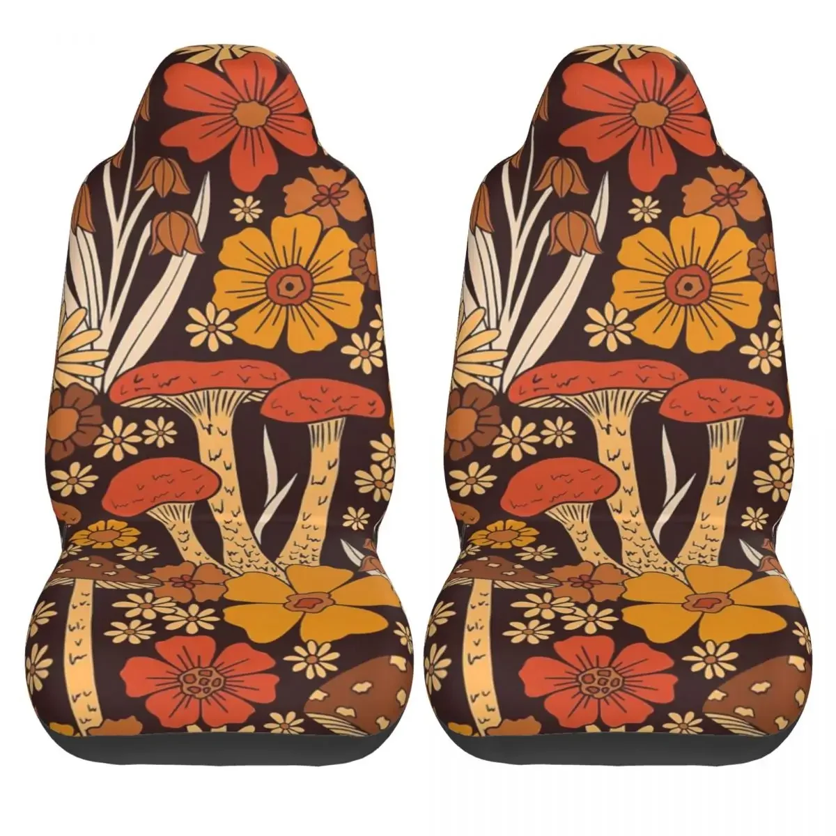 Retro 1970s Brown & Orange Mushrooms & Flowers Spiral Car Seat Cover Custom  Universal Front Protector Accessories Cushion Set