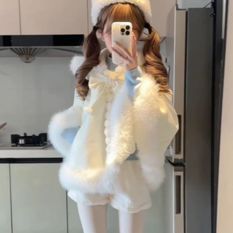 2026 اليابانية لوليتا نمط الصوف مقنعين عباءة جاكيتات النساء Y2k الجمالية أفخم المرقعة معطف Harajuku الحلو القوس سترة فضفاضة