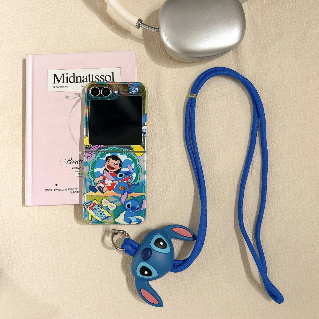 いたずらなステッチ ハッピー ストラップ ヒンジ 耐衝撃 スマホケース Samsung Z Flip 7 6 5 4 ZFlip 6 ZFlip 5 折りたたみ式 ハードPC ソリッドカバー