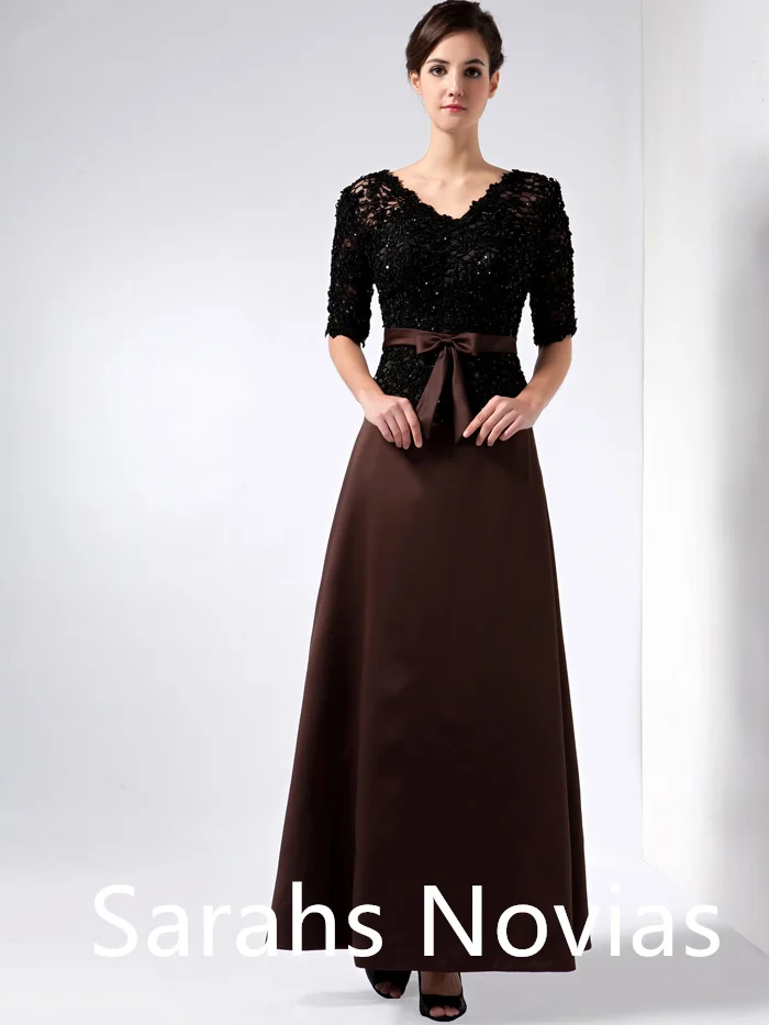 

Long A-line Black Brown Lace Satin Winter Formal Dresses For Mother of Bride With Sleeves Beaded V Neck Plus Size Mother's Wed