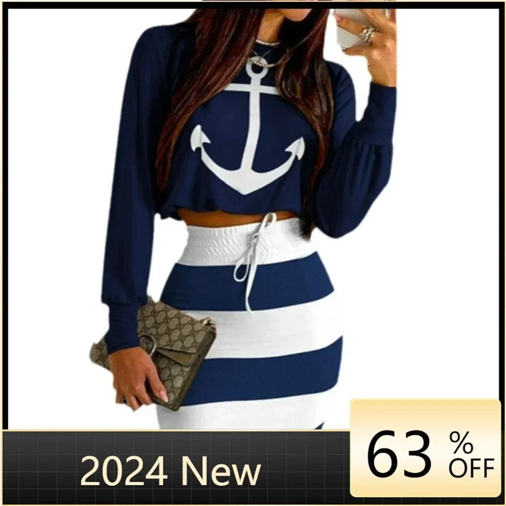 

New Navy Style Casual Anchor Letter Print Long Sleeve T-shirt Skirt Set