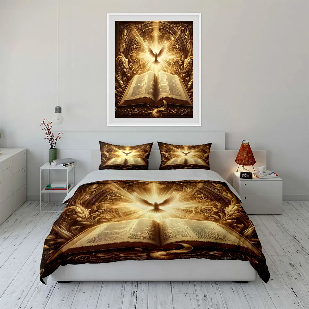 Sacred book and radiant white dove Print Soft Comfortable Duvet Cover Bedding Set Included 1*Duvet Cover  2*Pillowcases