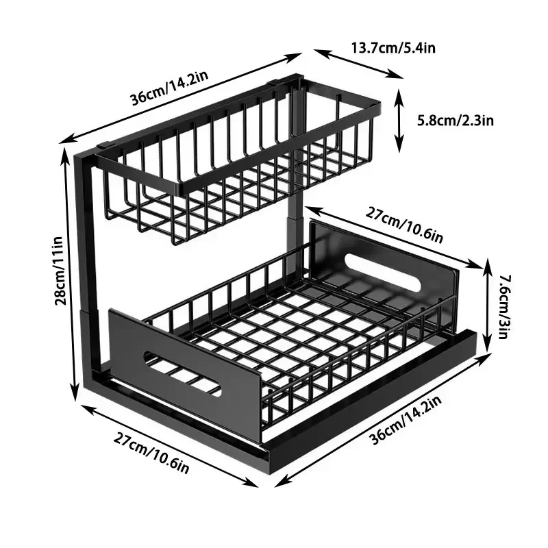 Storage rack under sink Carbon steel two-layer pull-out drawer basket L-shaped slide-out kitchen storage rack Bathroom use