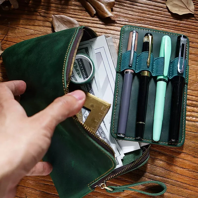 Handmade Cowhide Zipper Pen Storage Pen Bag Retro Portable Large Capacity Detachable Pencil Case Bag