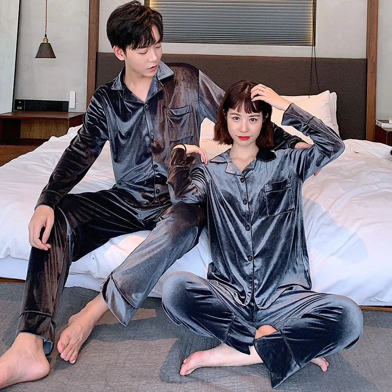 Fato loungewear de veludo dourado para homens e mulheres, pijama de casal, manga comprida, traje caseiro solto com decote em v, primavera, outono, novo, 2022