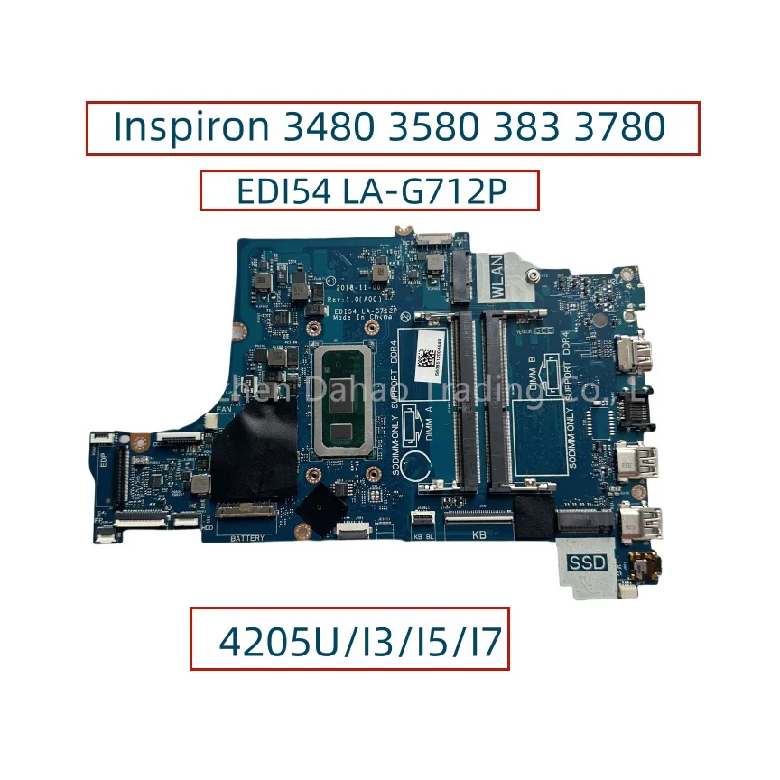 

EDI54 LA-G712P For Dell Inspiron 3480 3580 3583 3780 Laptop Motherboard With 4205U I3-8145U I5-8265U I7-8565U CN-0C75M5 0VFMW4