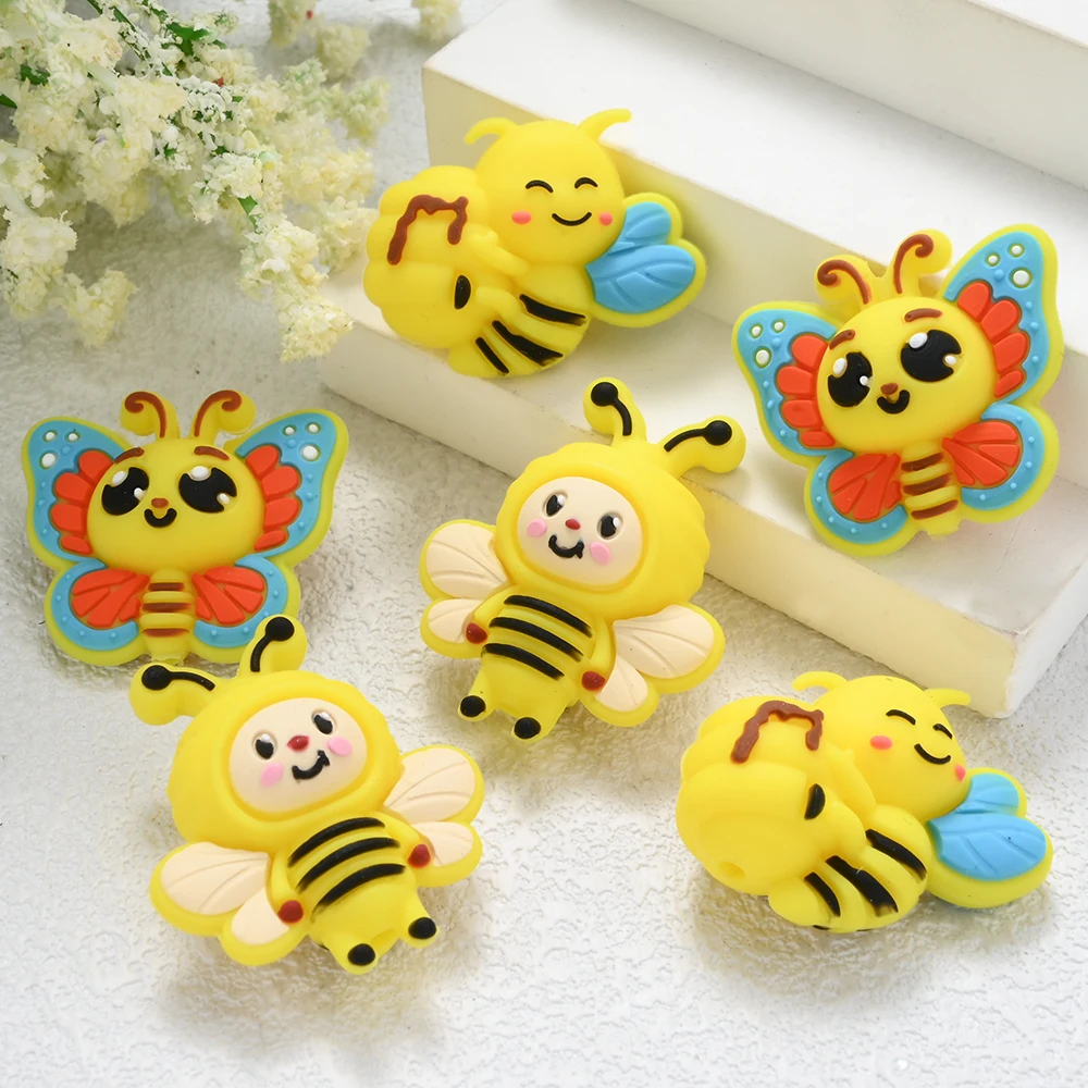 6Pcs Silicone Teether Beads Cute Bee Focus Bead BPA Free For Handmade Pacifier Chains DIY Jewelry Making Accessories Baby Toys