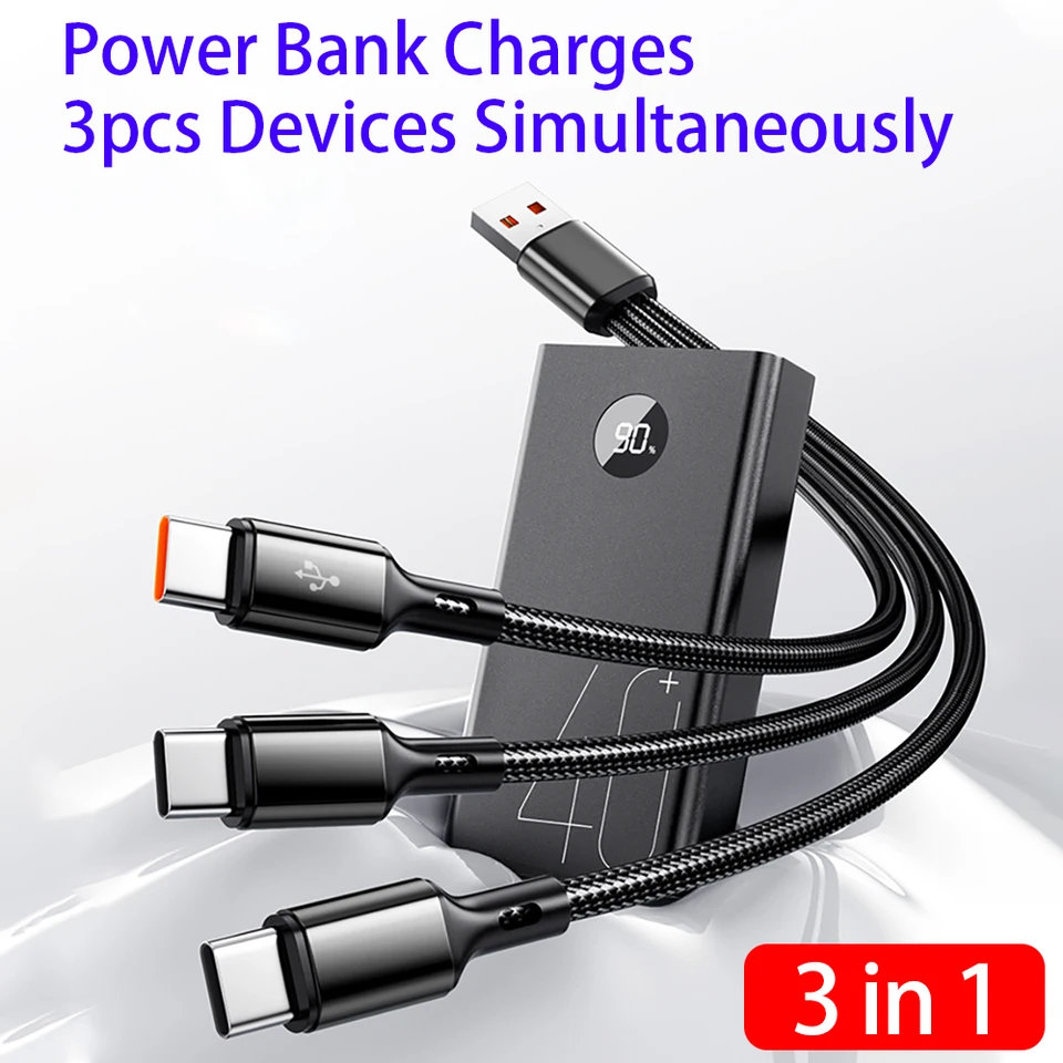Cable 3 en 1 USB tipo C 100W de carga rápida USB A a 3 tipo C para Samsung S24 Xiaomi Huawei Android transferencia de datos 5