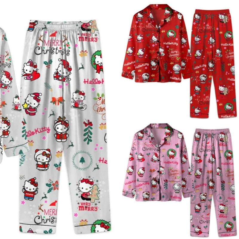 Sanrio Christmas Hello Kitty Casual Pajama Girls Y2k Home Pajamas Set Kawaii Women\'S Printed Kt Cat Pants Long Sleeve Gifts