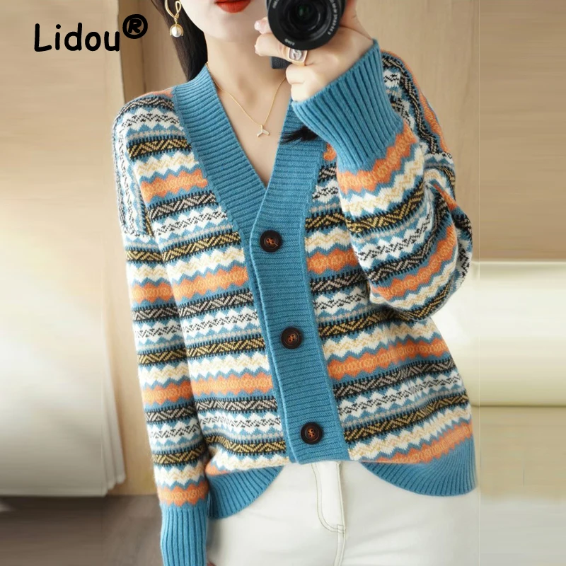 Women Trendy Vintage Striped Patchwork Button Knitted Cardigan Autumn Winter Female Casual V Neck Long Sleeve Loose Sweater Coat