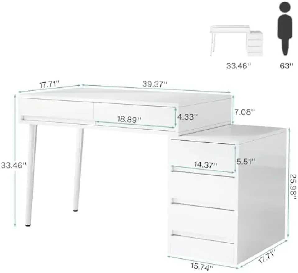 White Desk with 5 Drawers, High Gloss White Modern Home Office Desk with Storage Drawers and Printer Stand