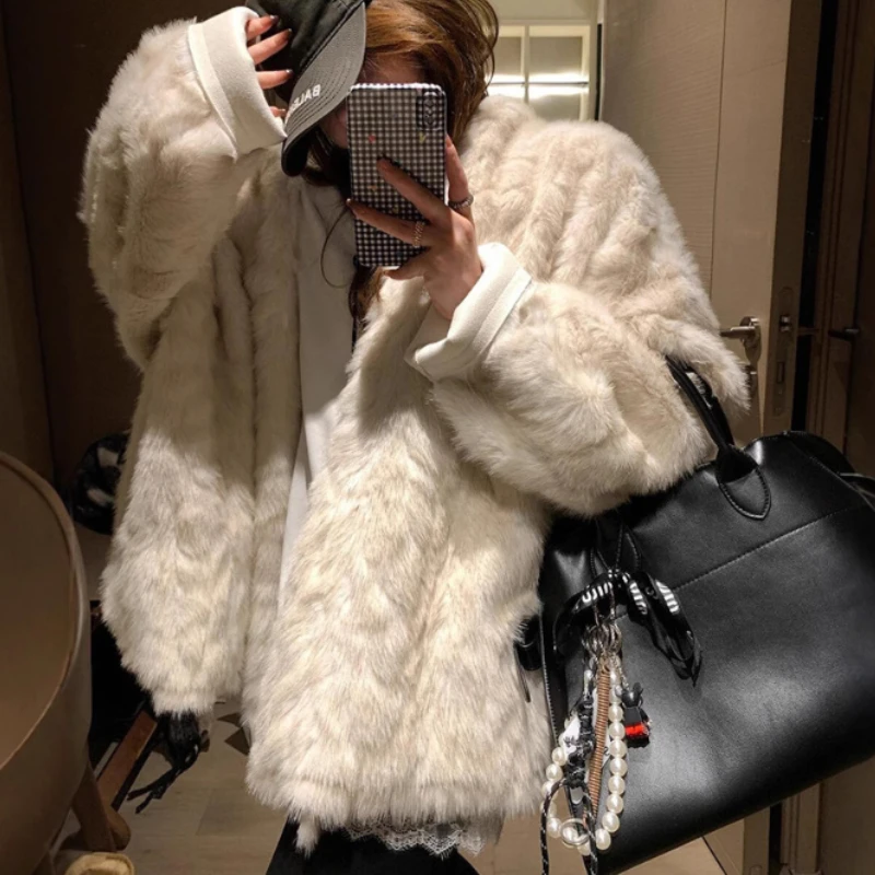 

Faux Fur Fox Coats Women Coat Thick Warm Elegant Maxi V Neck Jacket Open Stitch Outerwear Jackets Loose Autumn Winter Spring