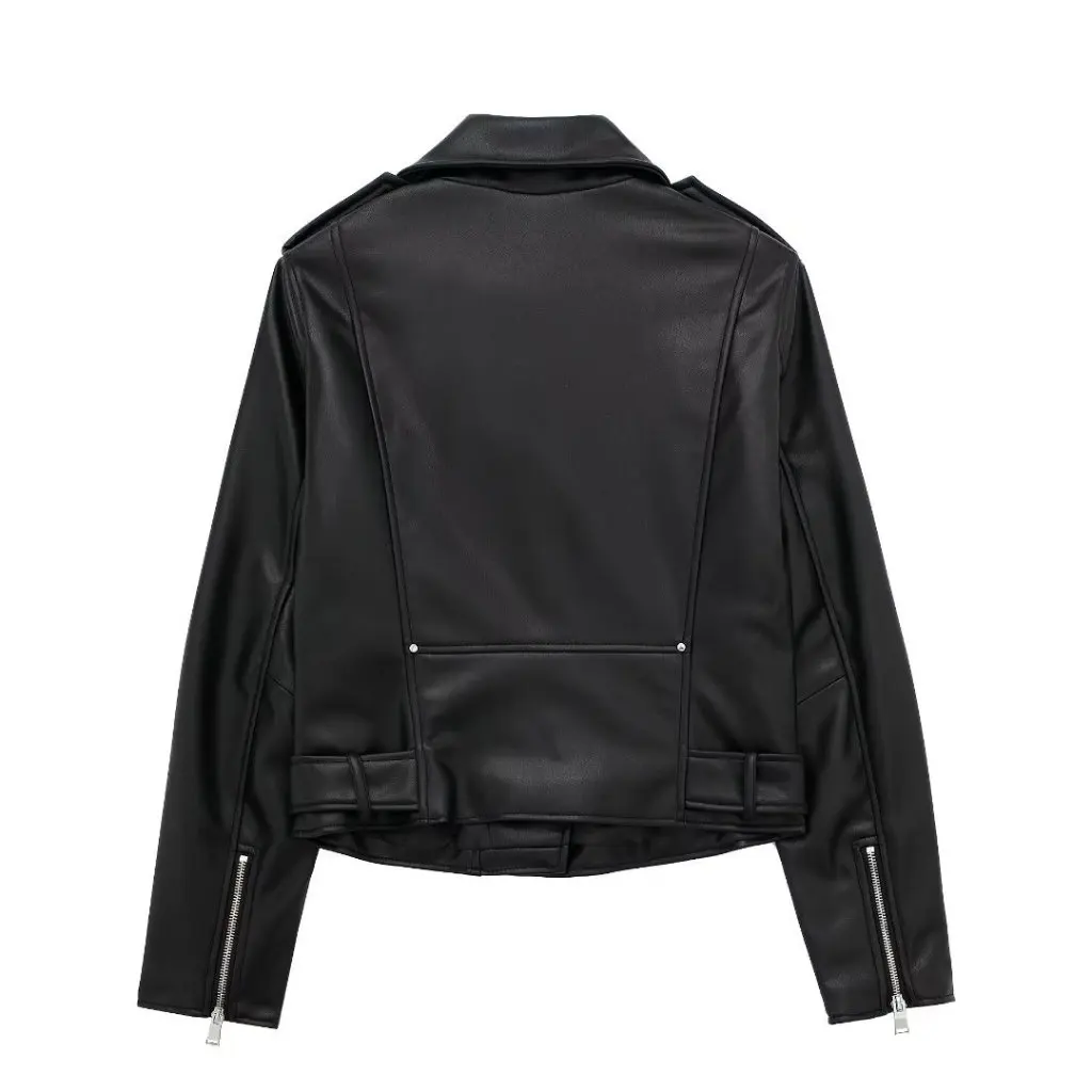 

Women's Fashion Imitation Leather Motorcycle Jacket Autumn European American Style Zipper Decoration Coat Outerwear