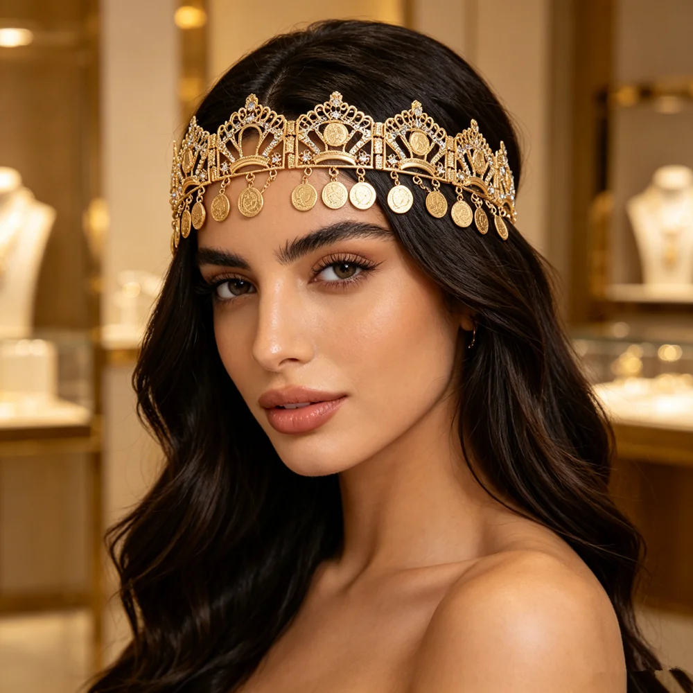 Moroccan Luxury Bridal Headpiece Hollow Gold Crown Design with Dangling Engraved Coins Wedding Hair Band image 2