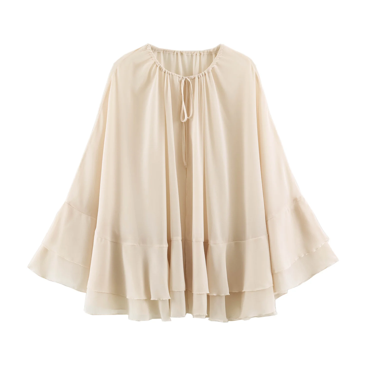 Women's Chiffon Ruffle Shawl 2026 Summer O-neck Lace-up Semi Transparent Shawl Fashion Casual Female Street Tops Polyester Brand