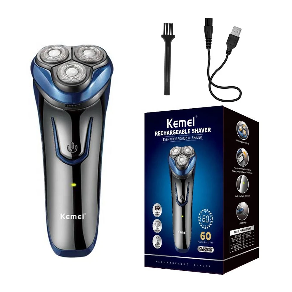 

Kemei Rechargeable Men's Shaving Cordless Rotary Wet Dry Shaver Top Sale Wet And Dry 3 Head Electric Shavers KM-2807