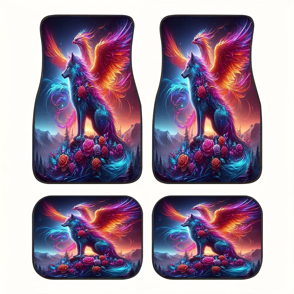 4pcs Wolf & Fire Car Floor Mats | Neon Glow-In-The-Dark Design, Fit For All Vehicles, Durable Polyester Material, Vibrant Fantas