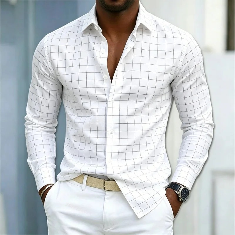 Men's shirt plaid long sleeved shirt solid color plaid slim fit shirt business casual personalized street style men's clothing
